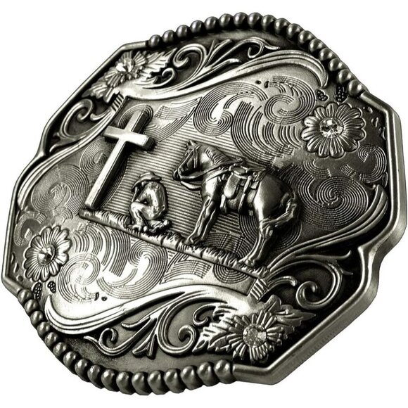 Women Diamond Golden Religion Cross Kneeling Prayer And Horse Design Belt Buckle
